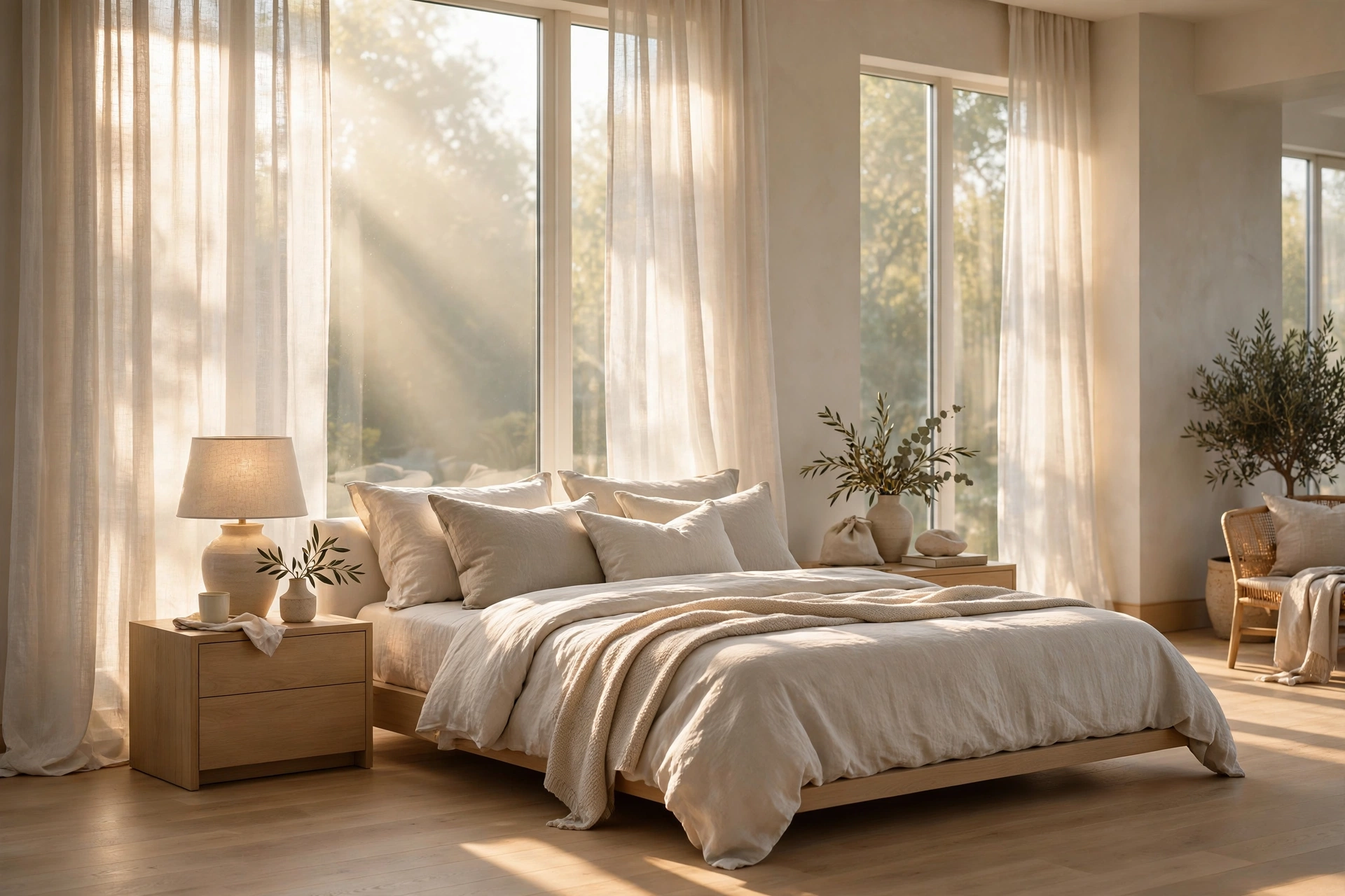 Quiet luxury bedroom ideas curtains with sheer linen diffusing golden light