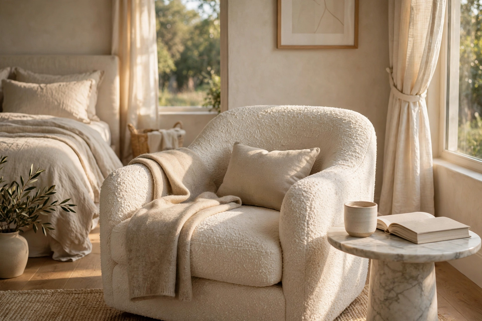 Quiet luxury bedroom ideas seating with a boucle chair, throw, and marble side table