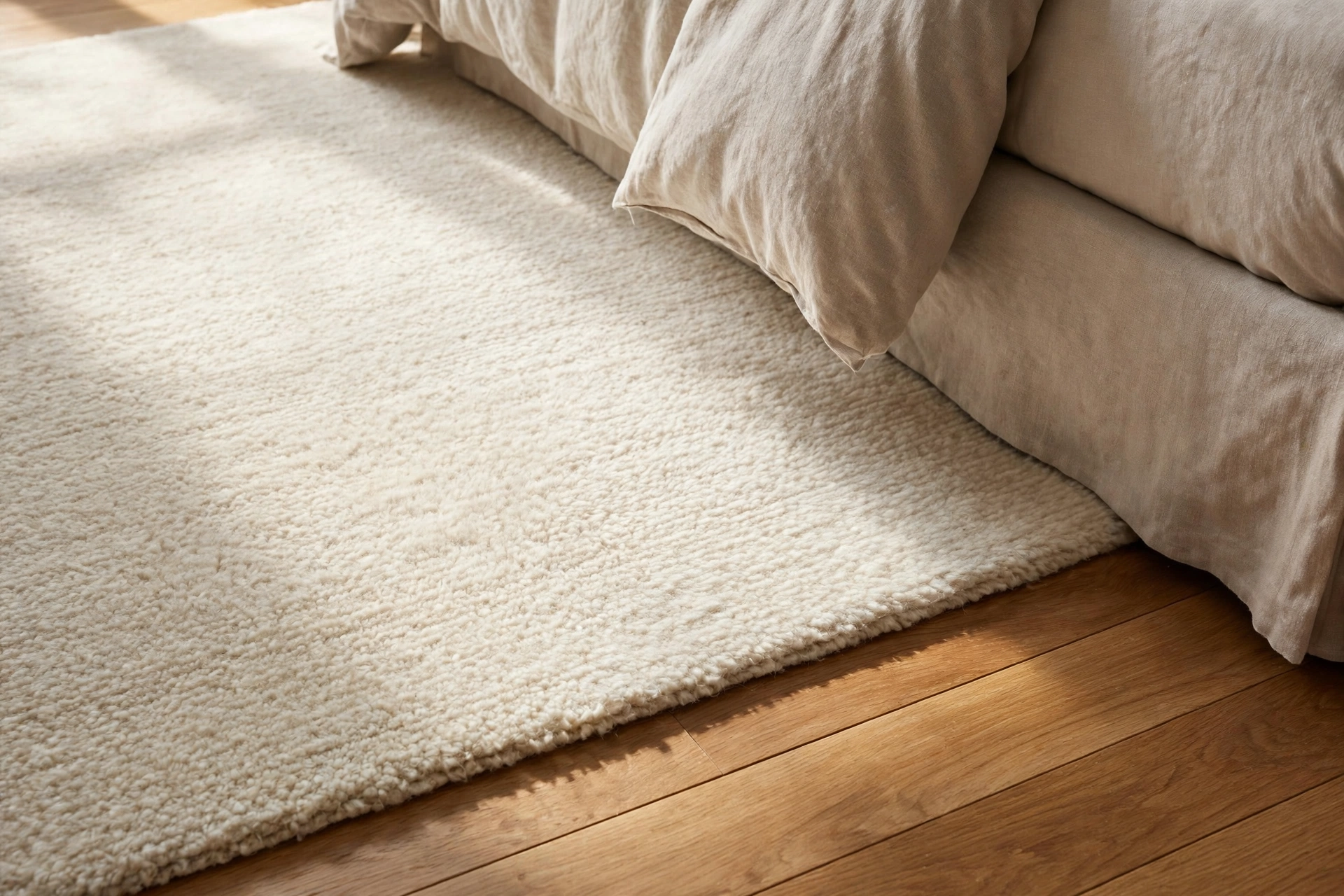 Quiet luxury bedroom ideas rug with a cream wool rug over an oak floor