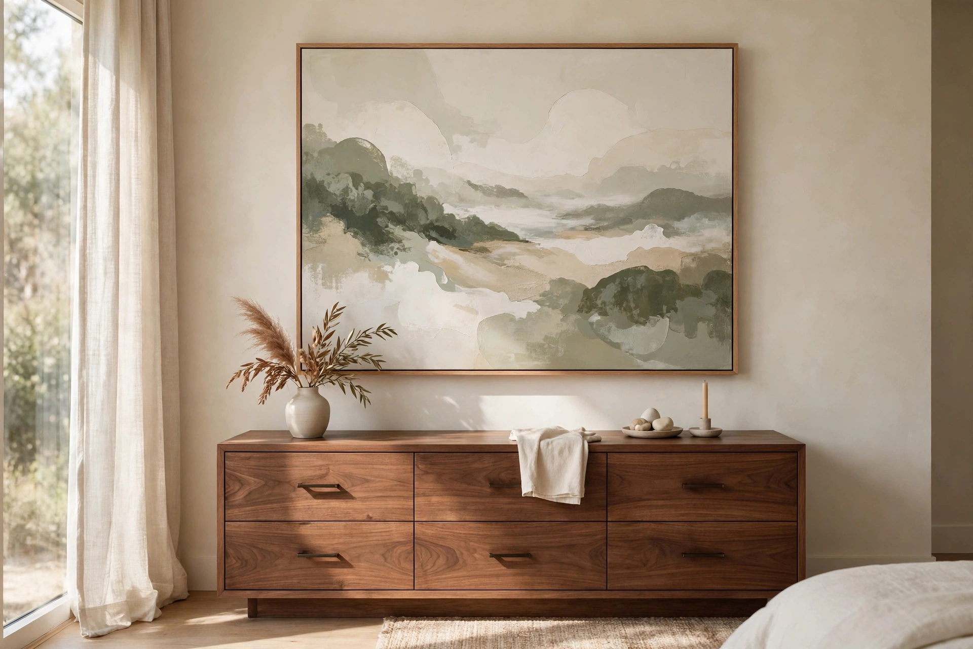 Quiet luxury bedroom ideas art with a large calm abstract painting above the dresser