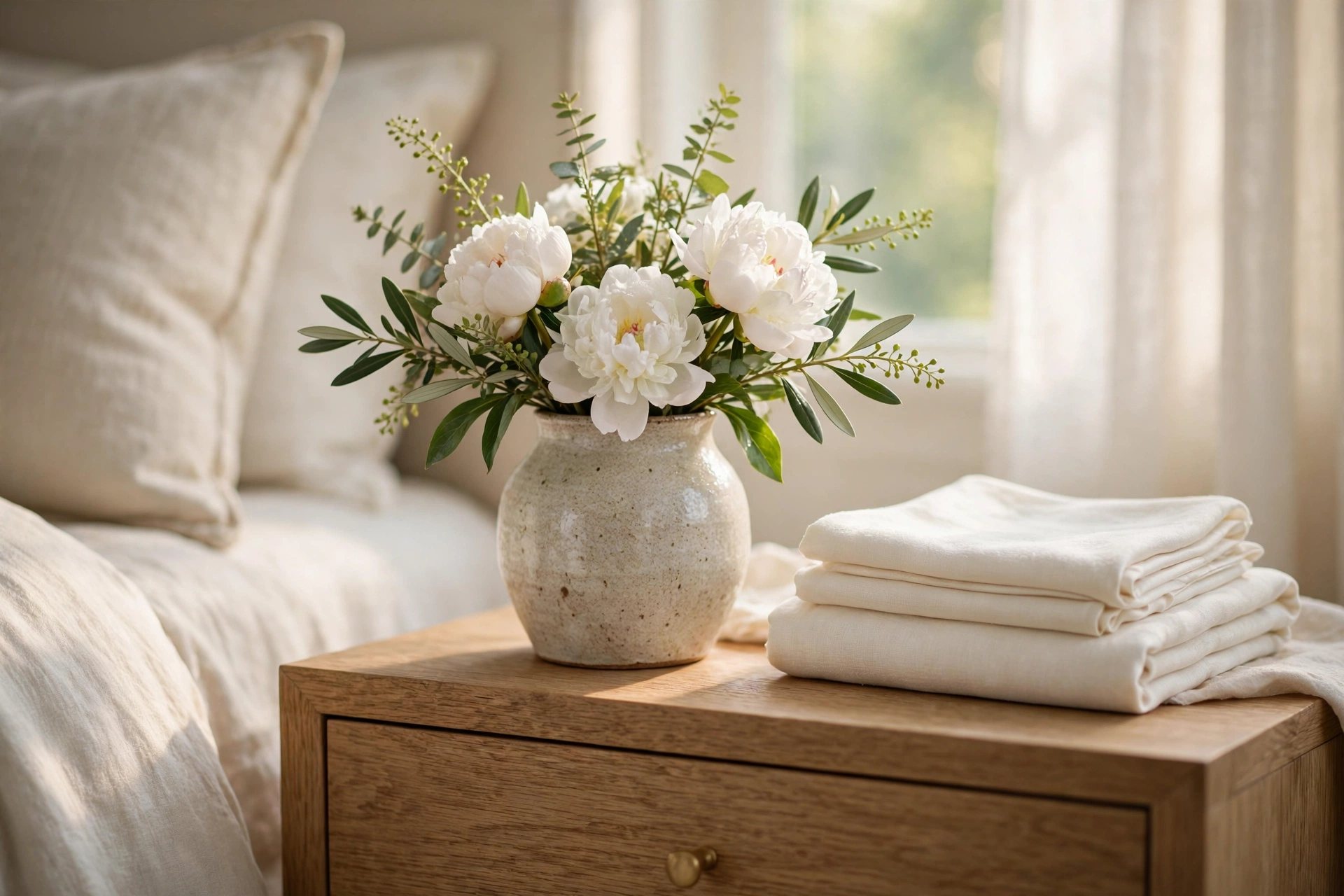 Quiet luxury bedroom ideas flowers with white peonies in a ceramic vase on the nightstand