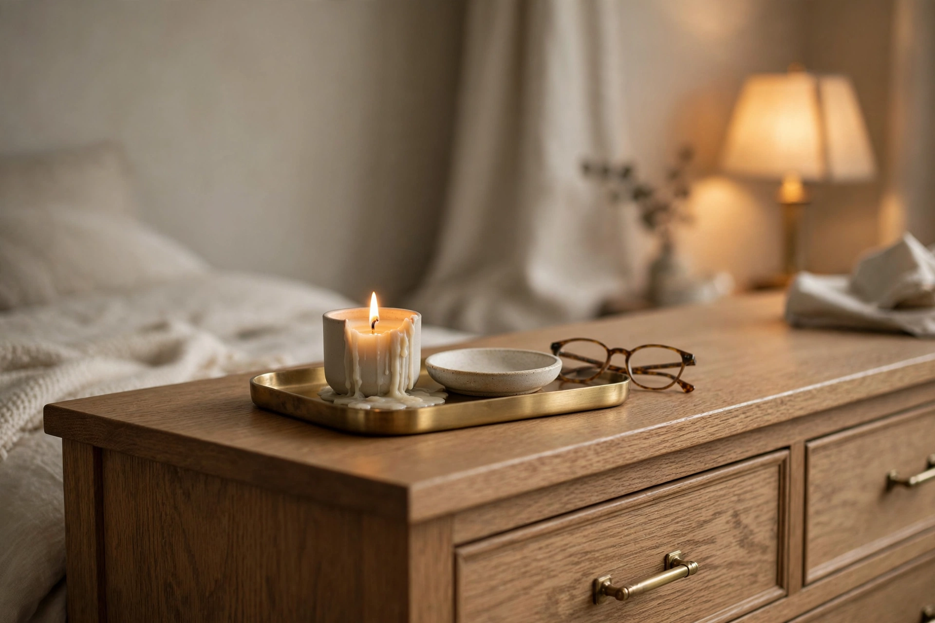 Quiet luxury bedroom ideas details with a brass tray, candle, and small objects on the dresser