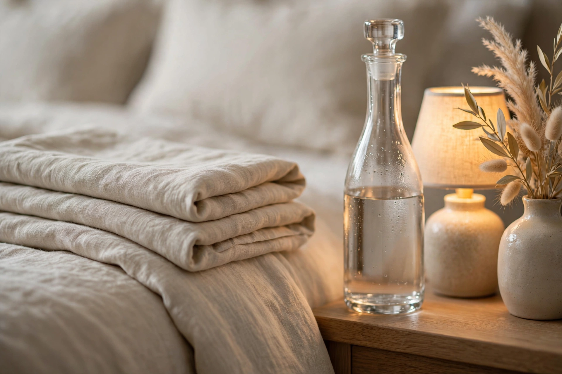 Close-up of quiet luxury bedroom details: folded linen bedding, glass bedside carafe, and a warmly glowing lamp — refined quiet luxury bedroom ideas