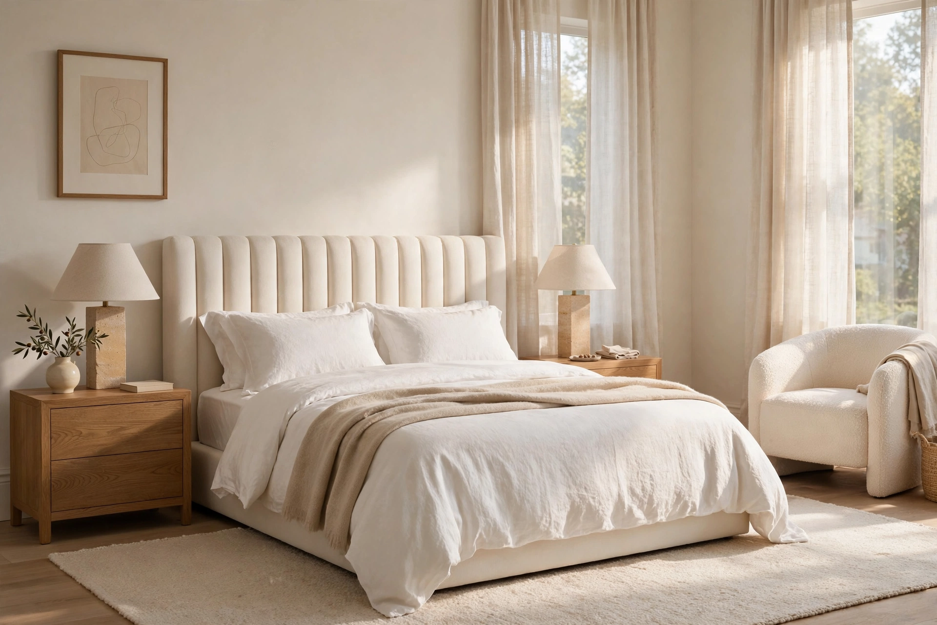 Serene quiet luxury bedroom ideas with a cream upholstered bed, warm natural light, and soft neutral layers