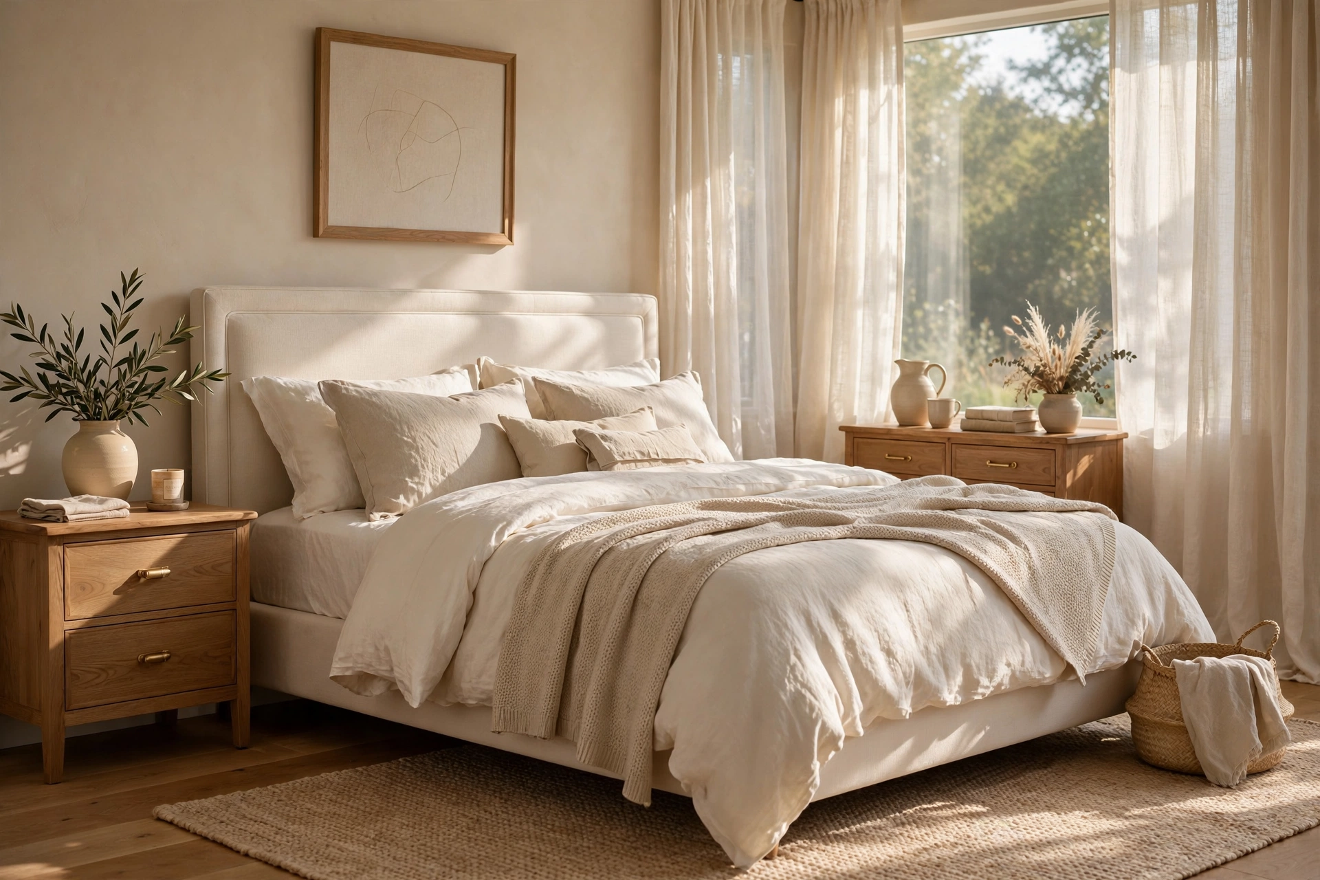 Serene quiet luxury bedroom ideas in warm neutrals: cream upholstered bed with layered linen bedding in soft morning window light
