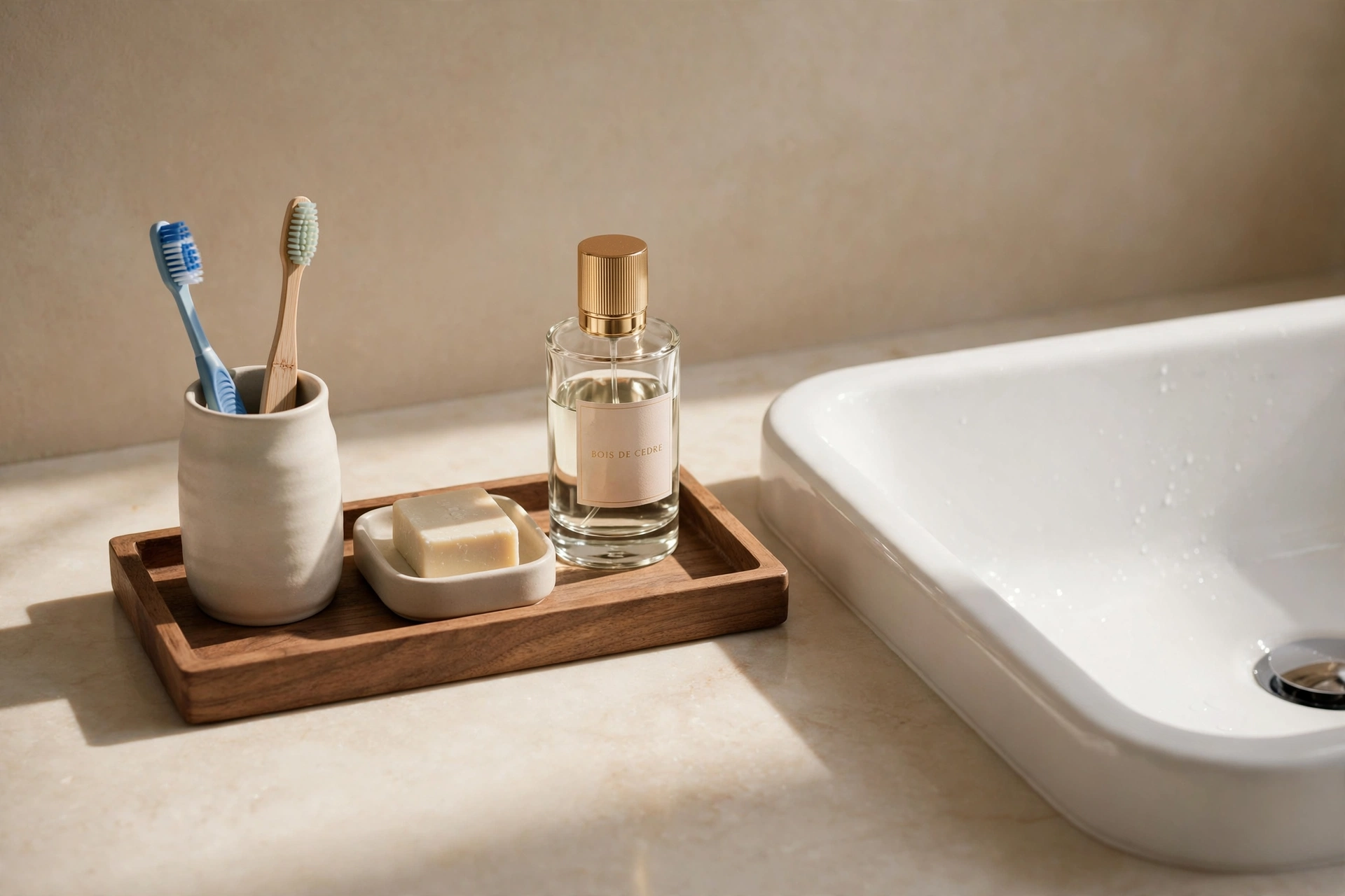 Wooden tray organizing bathroom vanity decor ideas on a tidy countertop