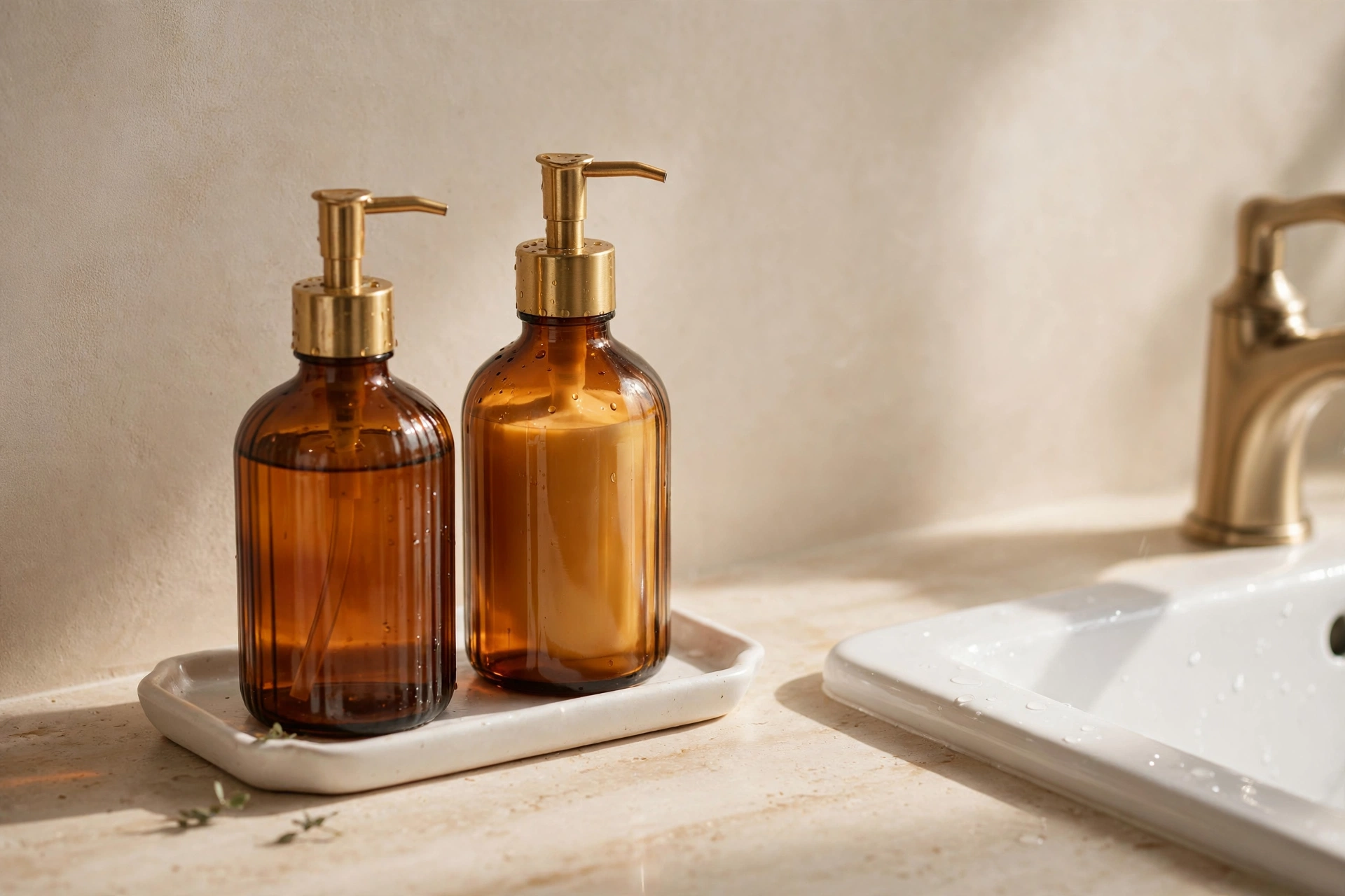 Matching amber glass dispensers, affordable bathroom vanity decor ideas