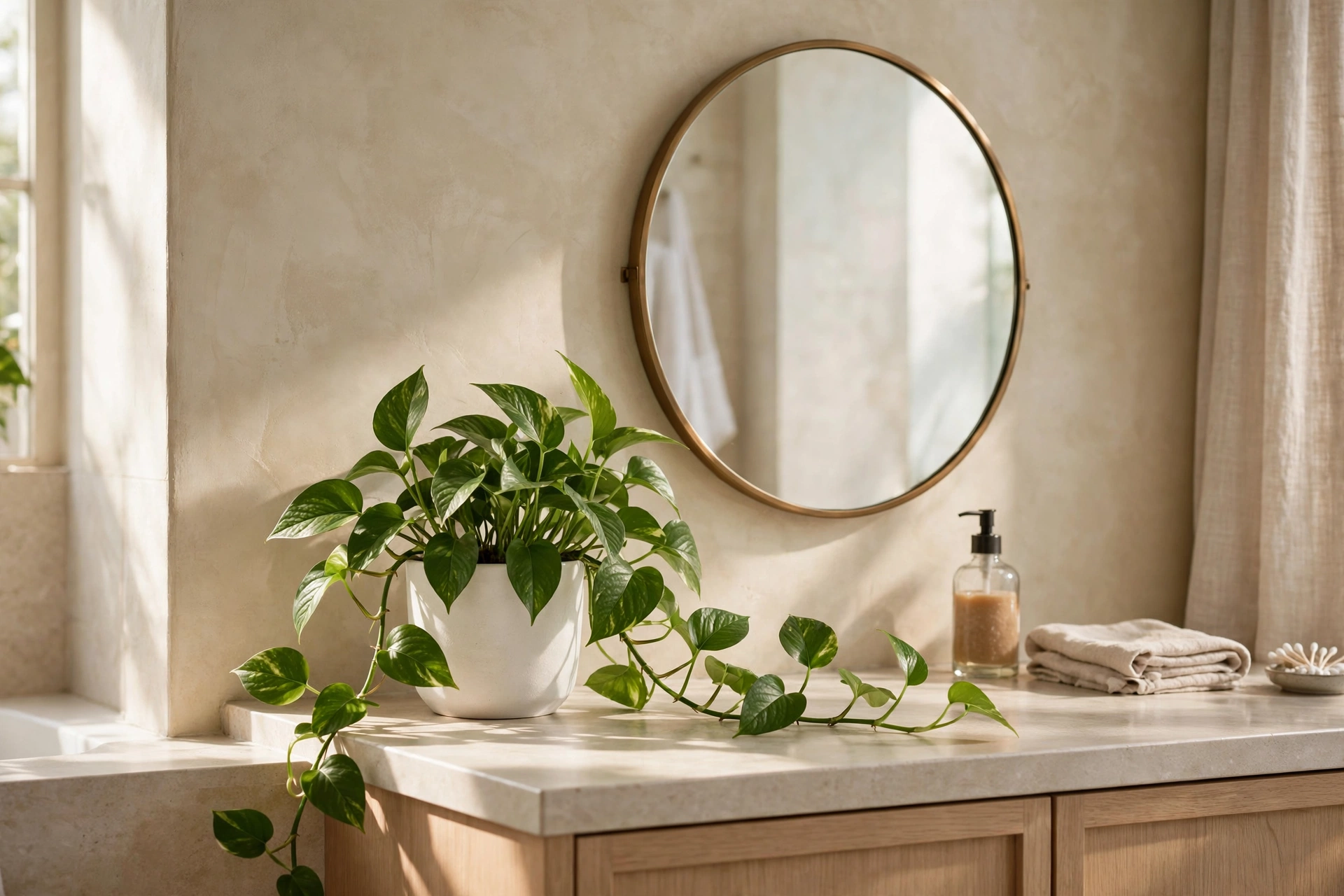 Small pothos plant on a vanity, greenery bathroom vanity decor ideas