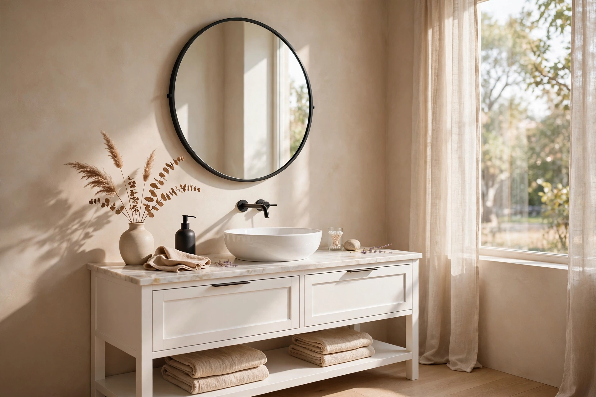 Round black-framed mirror over a vanity, mirror bathroom vanity decor ideas