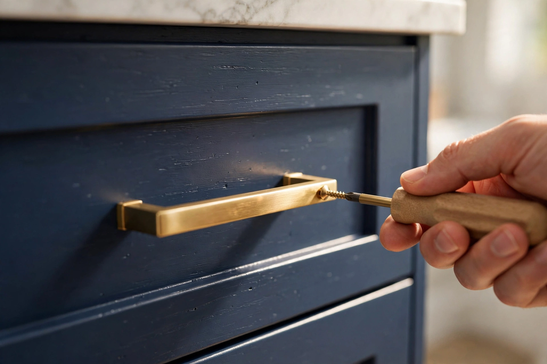 Brass bar pull being installed on a vanity, hardware bathroom vanity decor ideas