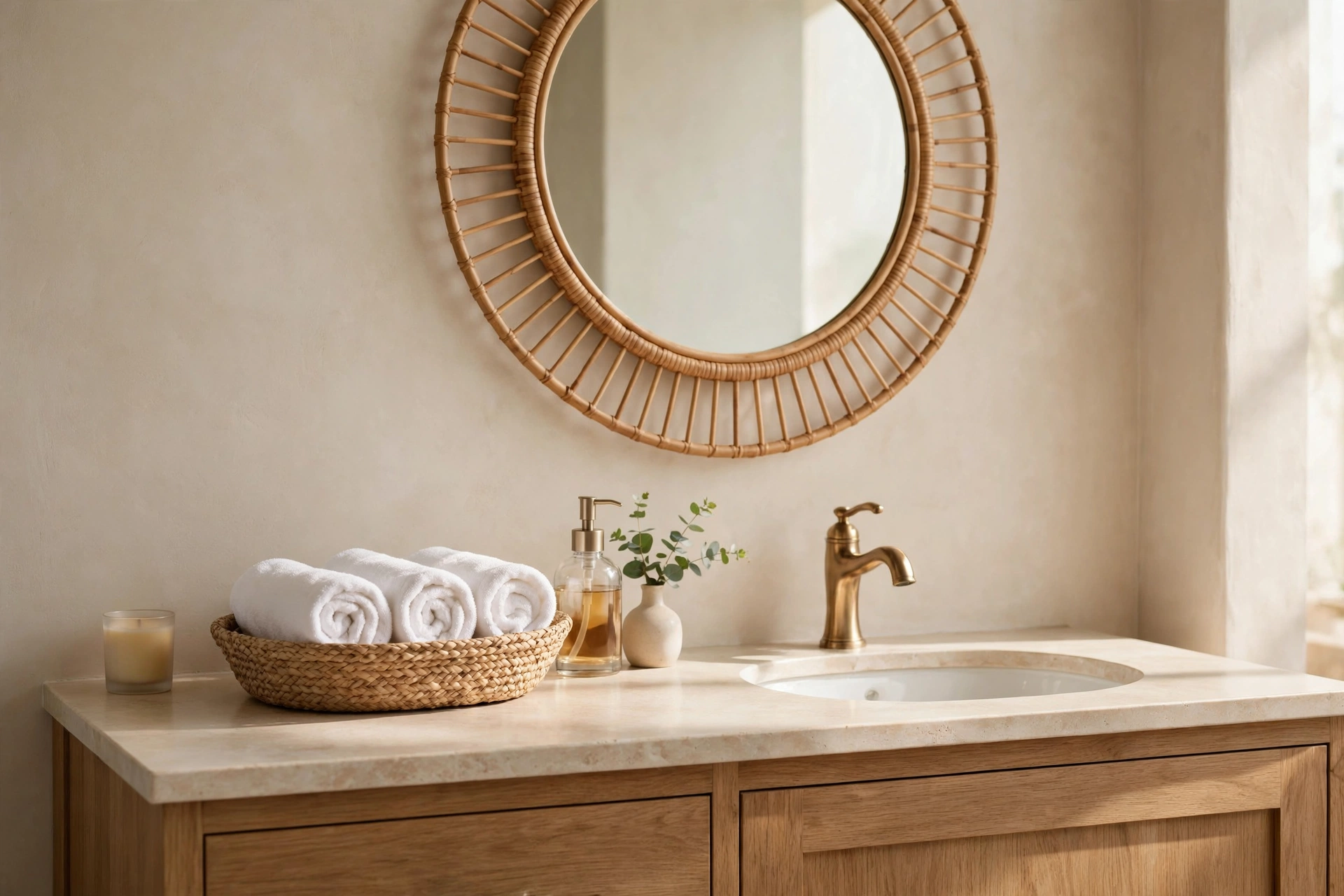 Rolled white hand towels in a woven basket, spa-style bathroom vanity decor ideas