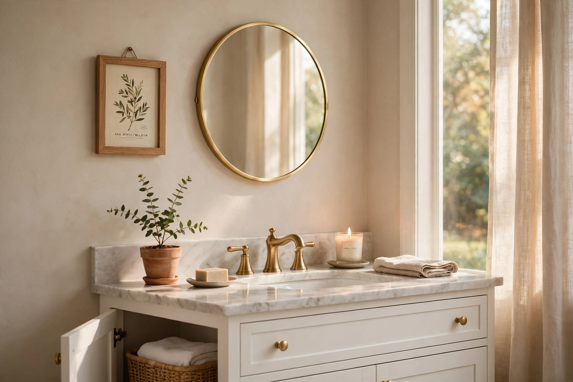 Small framed botanical art beside a vanity mirror, art bathroom vanity decor ideas