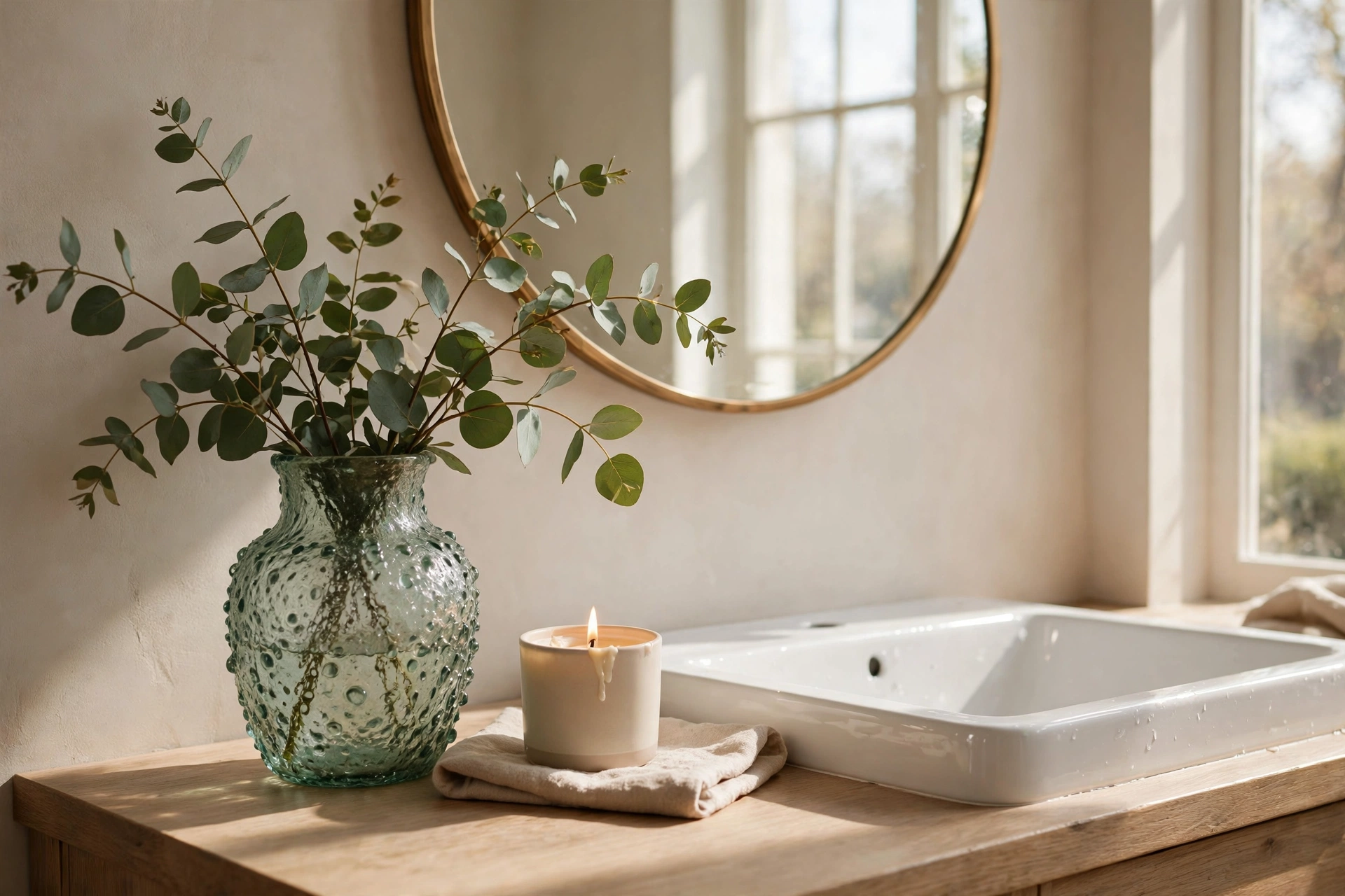 Eucalyptus stems in a thrifted vase, simple bathroom vanity decor ideas
