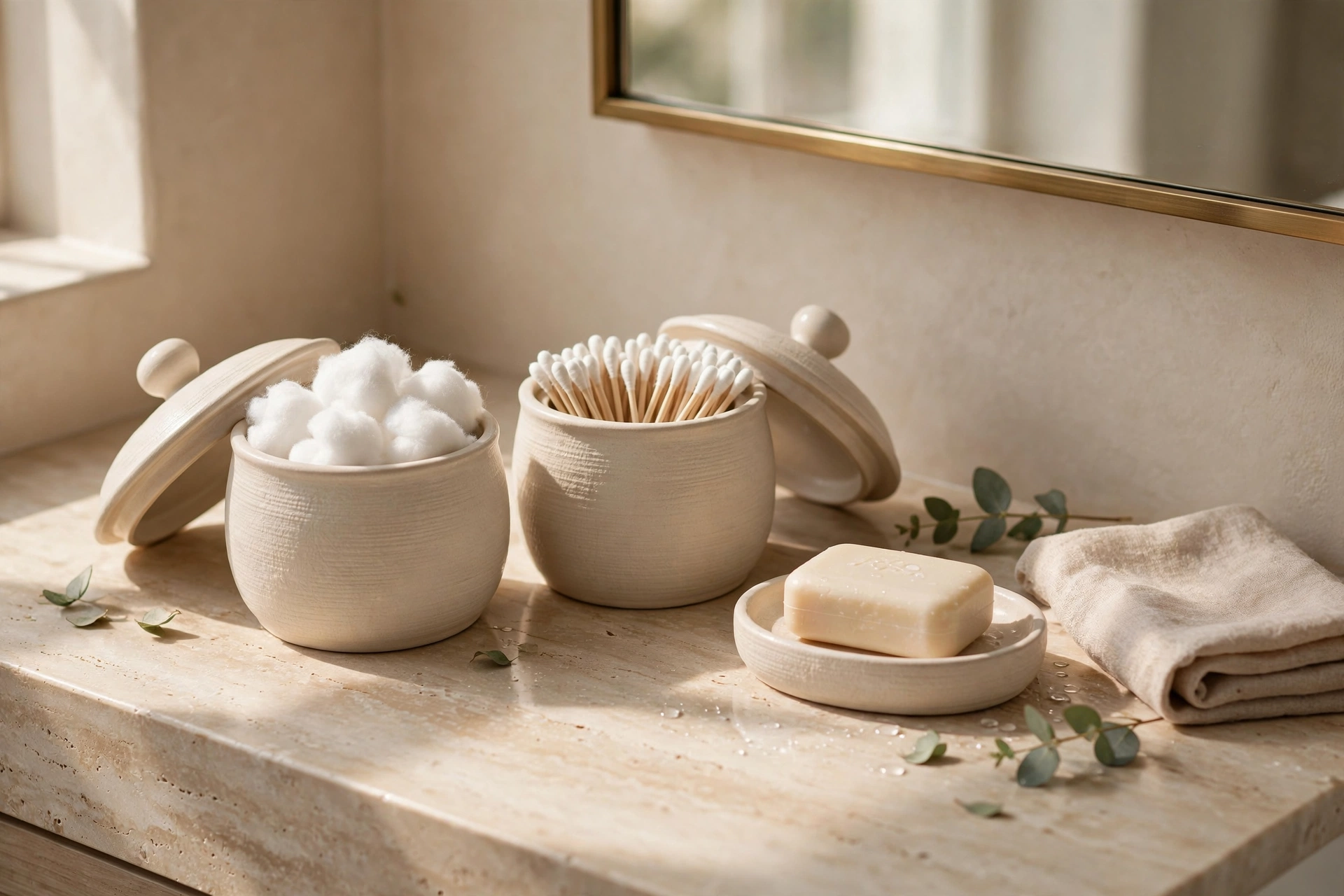 Lidded canisters holding cotton balls and swabs, organized bathroom vanity decor ideas