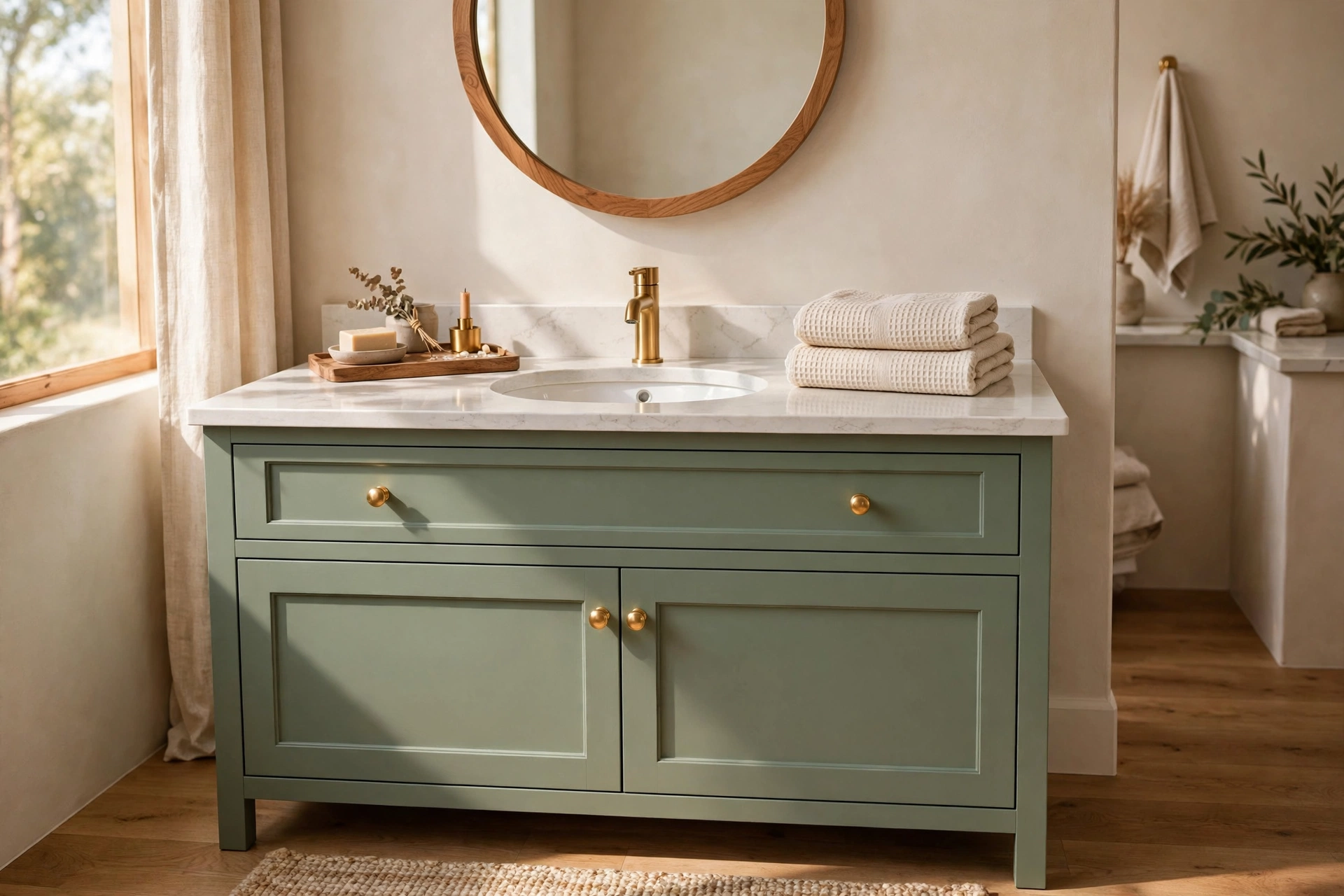 Freshly painted sage green vanity cabinet, painted bathroom vanity decor ideas