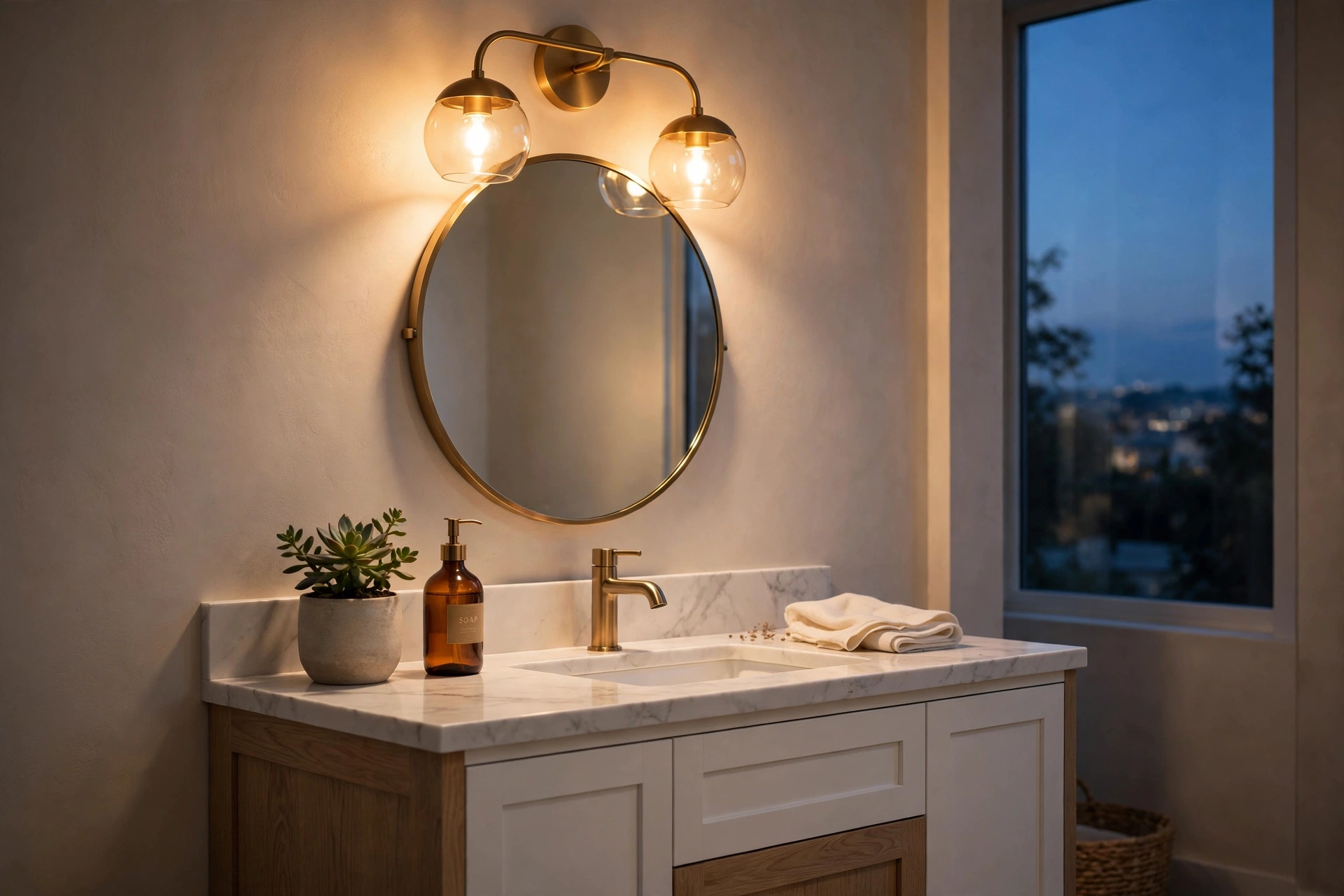 Warm glowing vanity light at dusk, lighting bathroom vanity decor ideas