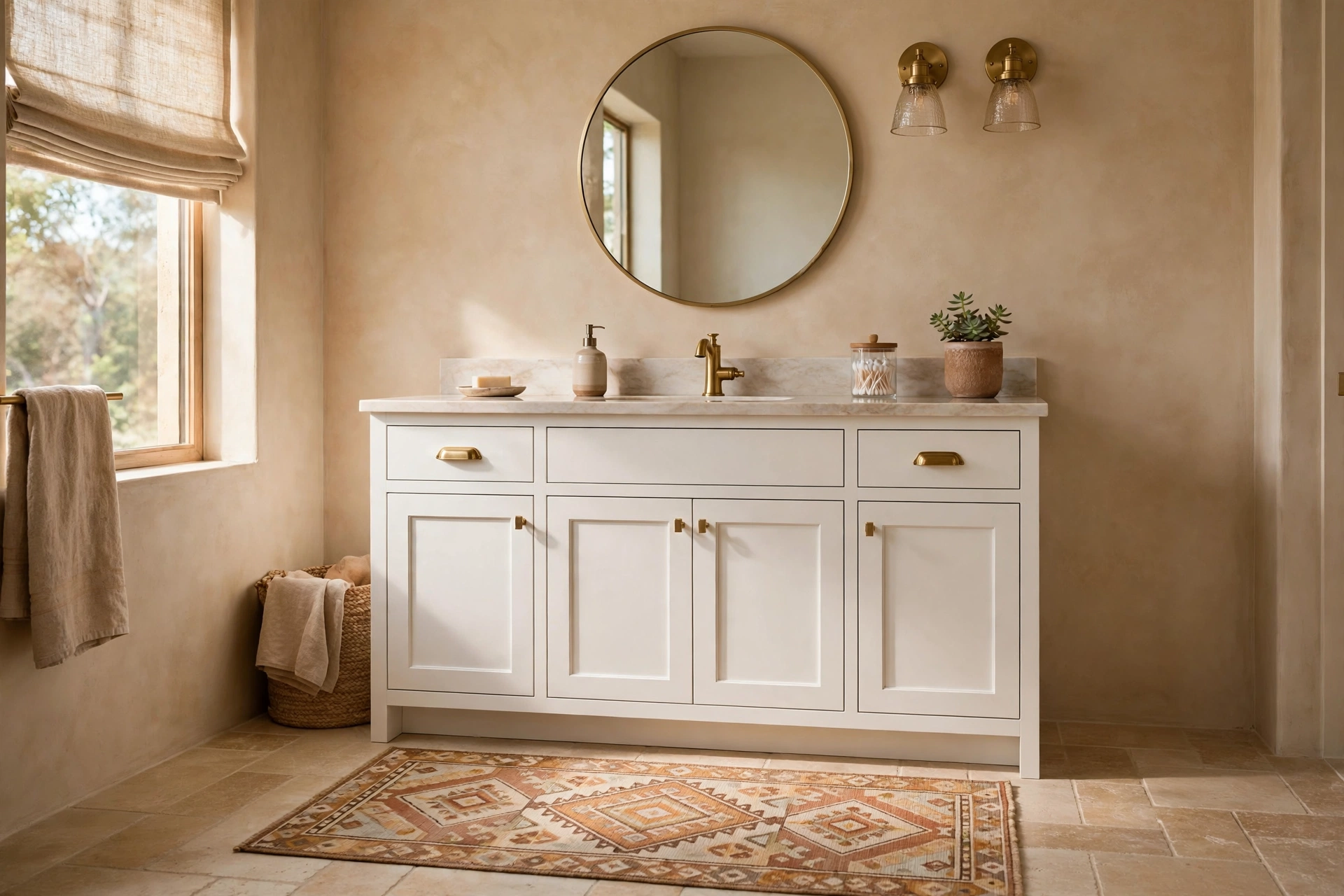 Washable runner in front of a styled vanity, finishing bathroom vanity decor ideas