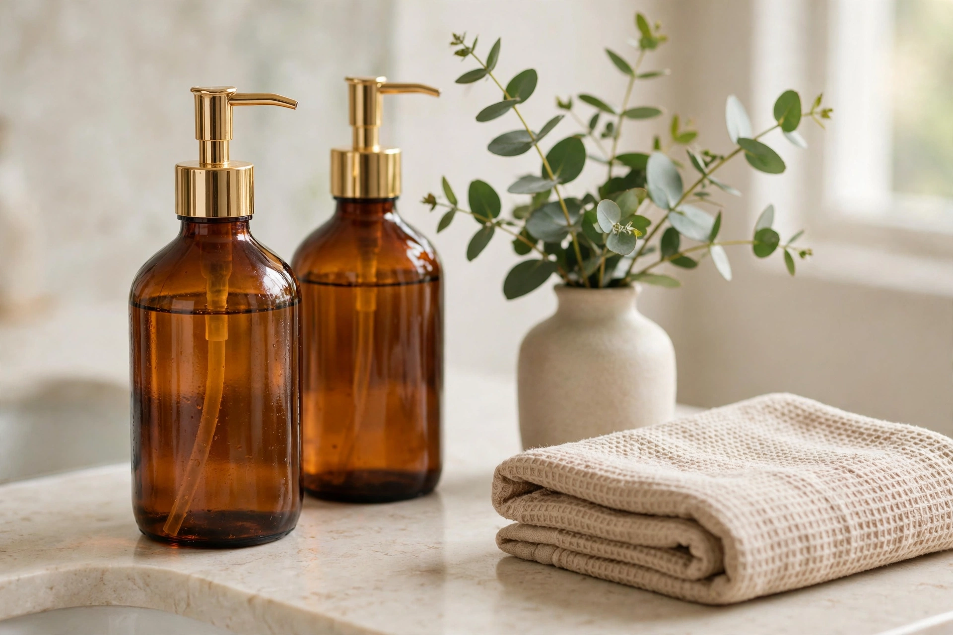Close-up of bathroom vanity decor details: amber glass soap dispensers, a eucalyptus sprig in a small vase, and a neatly folded hand towel — bathroom vanity decor ideas on a budget