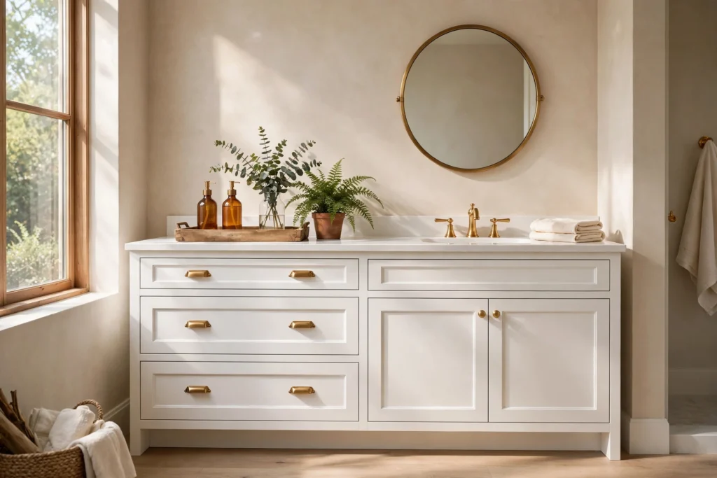 Styled white bathroom vanity with round mirror, one of the best bathroom vanity decor ideas on a budget