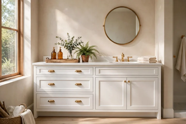 Styled white bathroom vanity with round mirror, one of the best bathroom vanity decor ideas on a budget