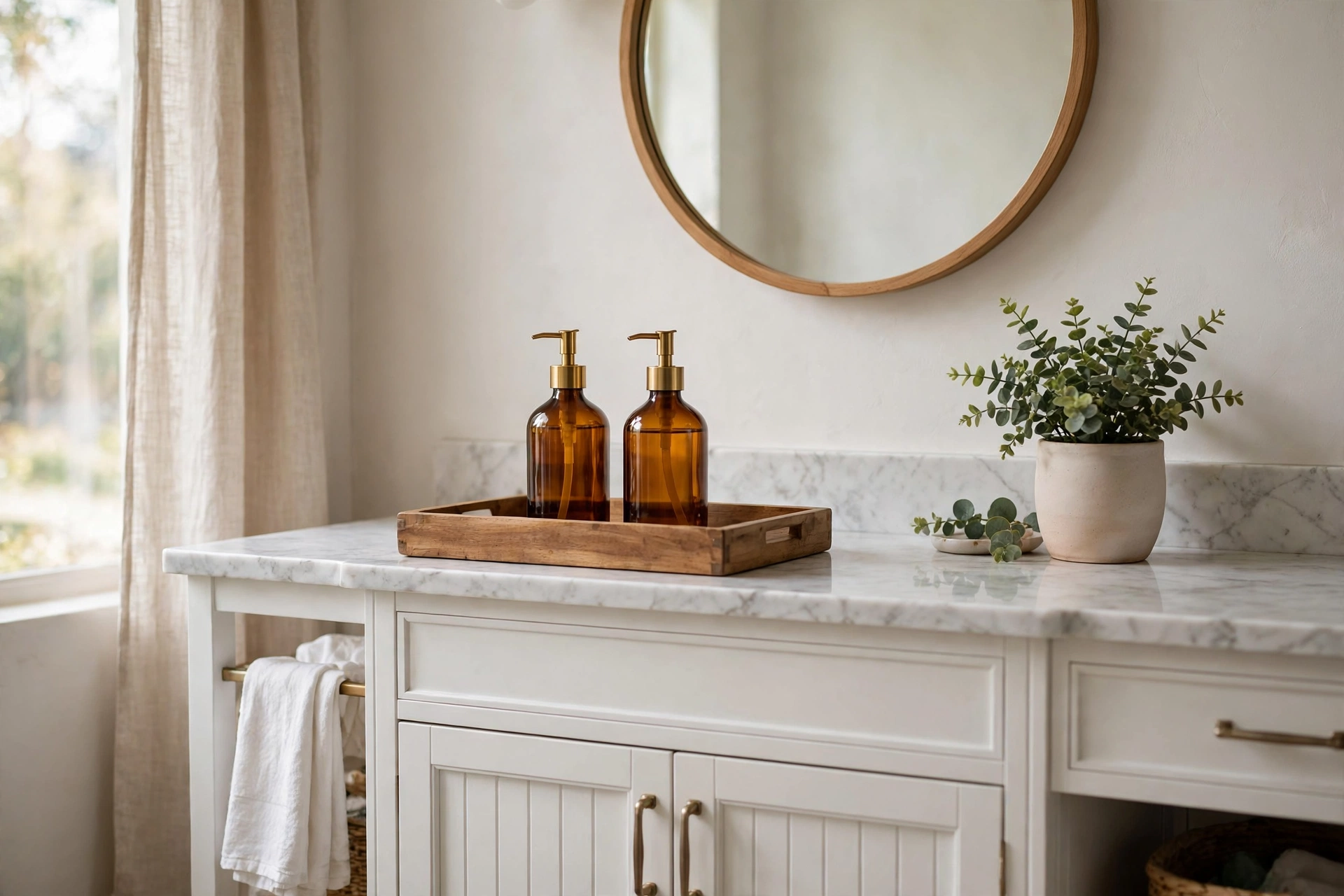 Styled white bathroom vanity with round mirror, wooden tray holding matching amber soap dispensers and a small potted plant — budget bathroom vanity decor ideas