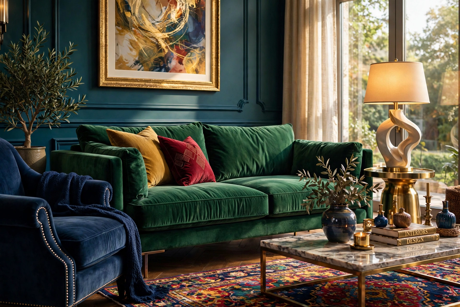 Jewel-tone velvet sofa decor ideas: emerald velvet sofa with brass side table and gold-framed art