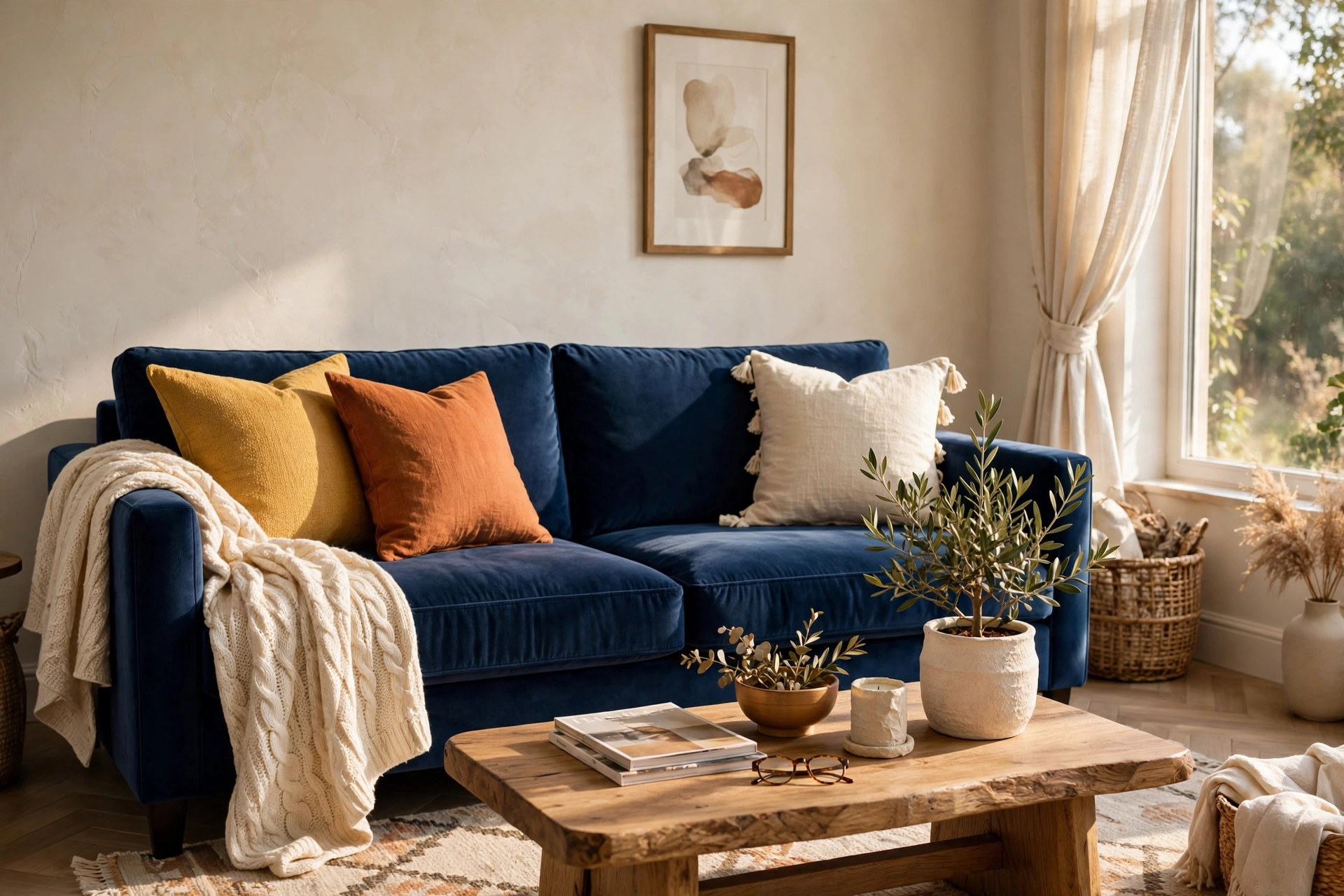 Layered pillow velvet sofa decor ideas on a navy velvet sofa with mustard and rust cushions