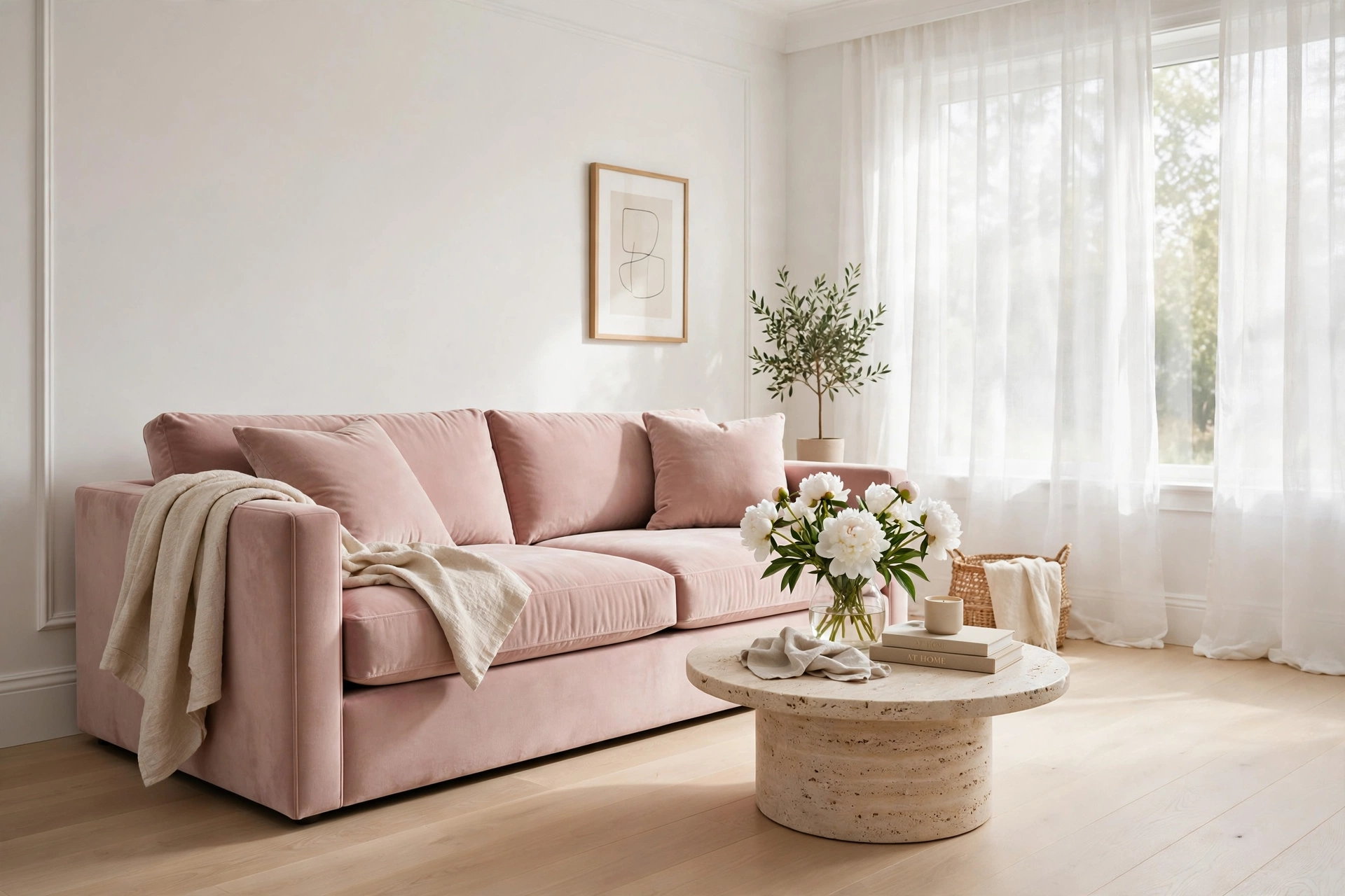 Blush velvet sofa decor ideas in a bright airy living room with white walls
