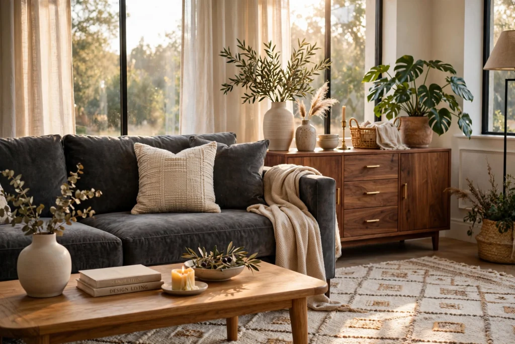 Neutral velvet sofa decor ideas: charcoal velvet sofa with warm walnut wood furniture