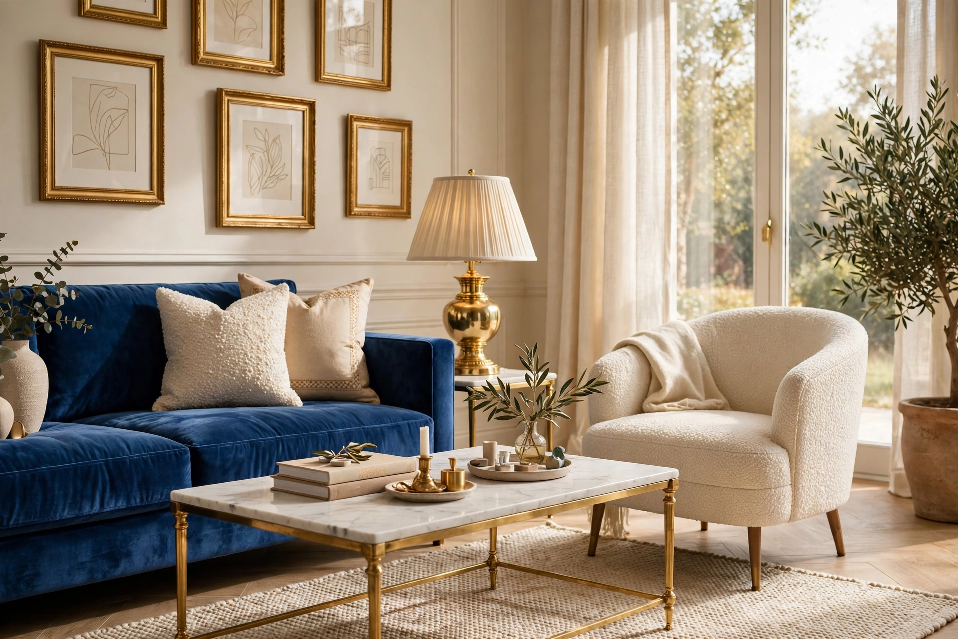 Metallic velvet sofa decor ideas: sapphire velvet sofa with brass lamp and marble coffee table