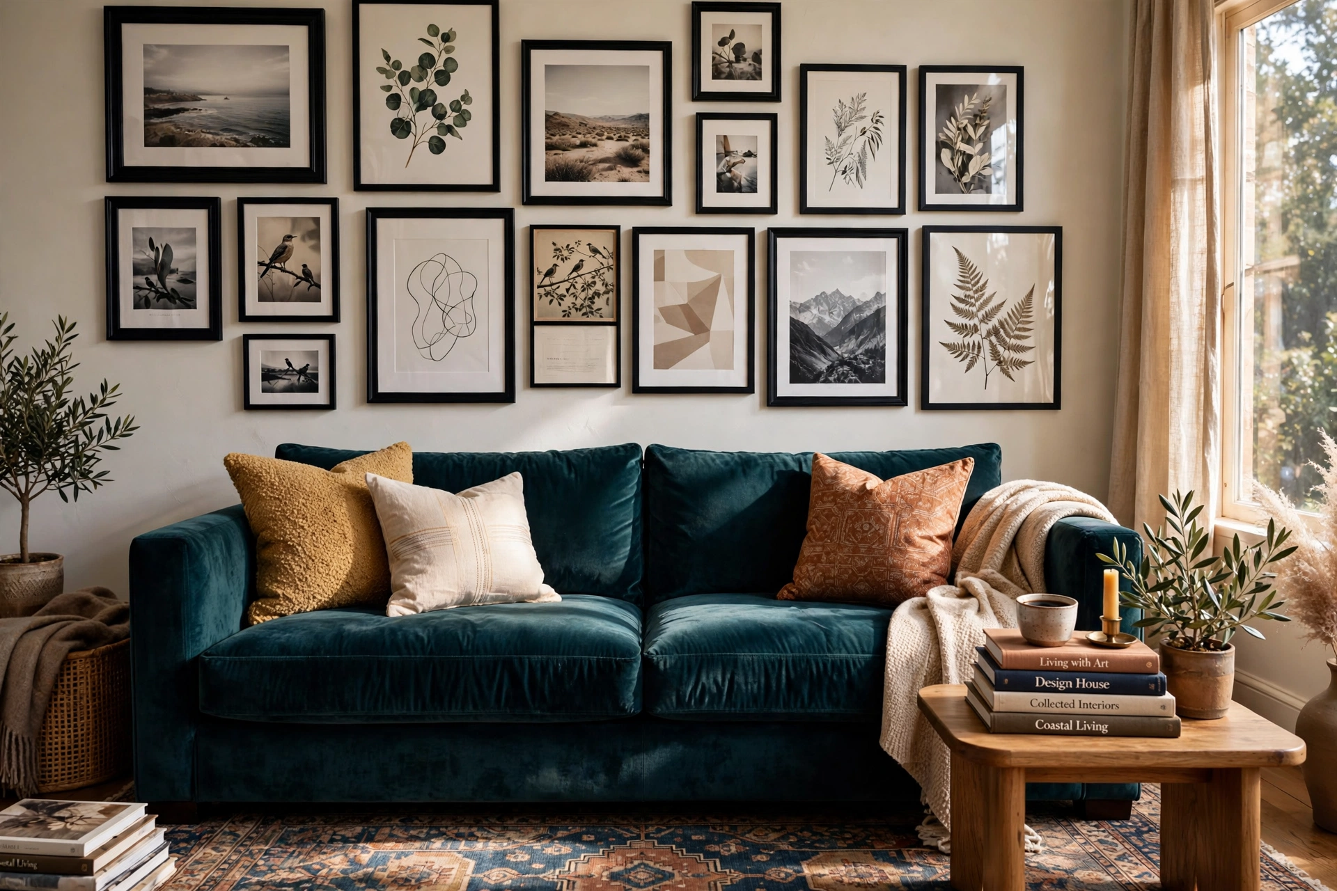 Gallery wall velvet sofa decor ideas with a teal velvet sofa under framed art