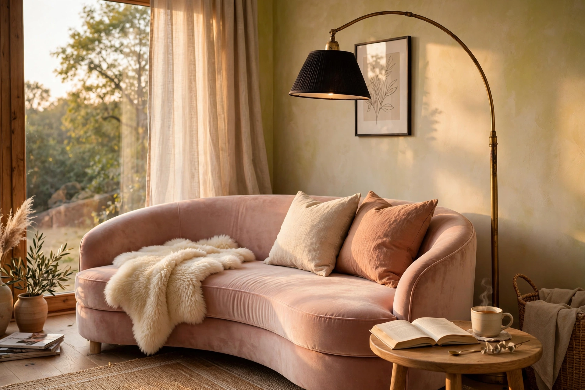 Reading corner velvet sofa decor ideas with a curved blush velvet sofa and brass arc lamp