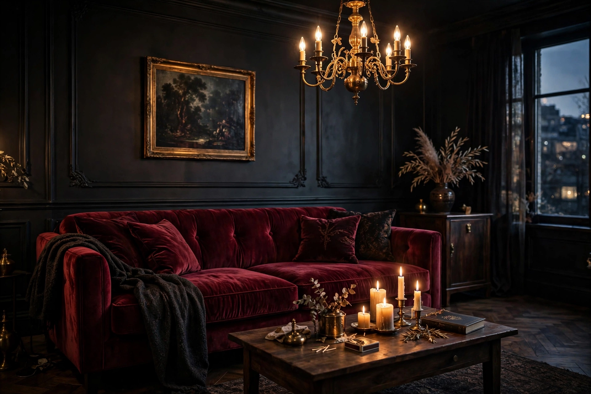 Moody velvet sofa decor ideas: burgundy velvet sofa in a dark elegant living room