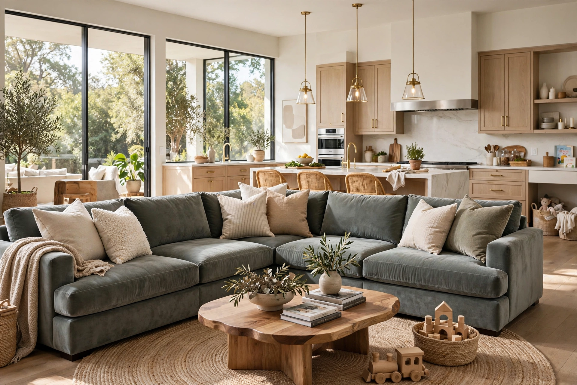 Sectional velvet sofa decor ideas for an open-plan living room with a jute rug