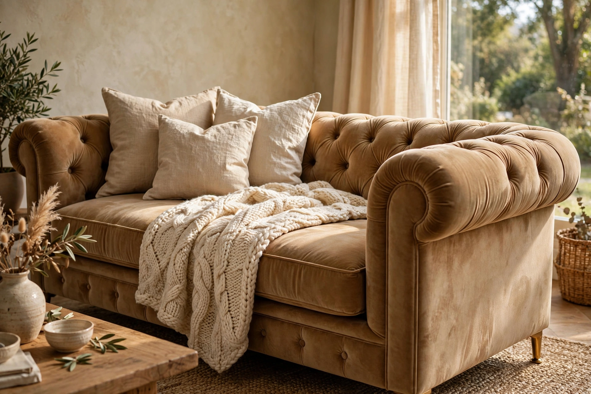 Tufted velvet sofa decor ideas with a chunky cream knit throw on a camel chesterfield