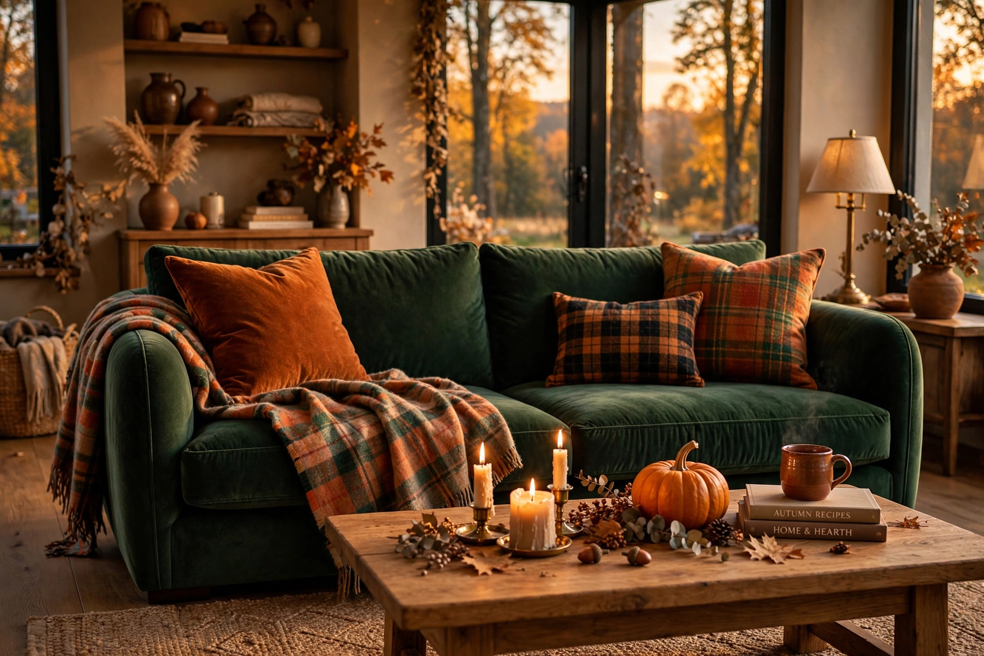 Seasonal velvet sofa decor ideas: forest green velvet sofa styled for autumn