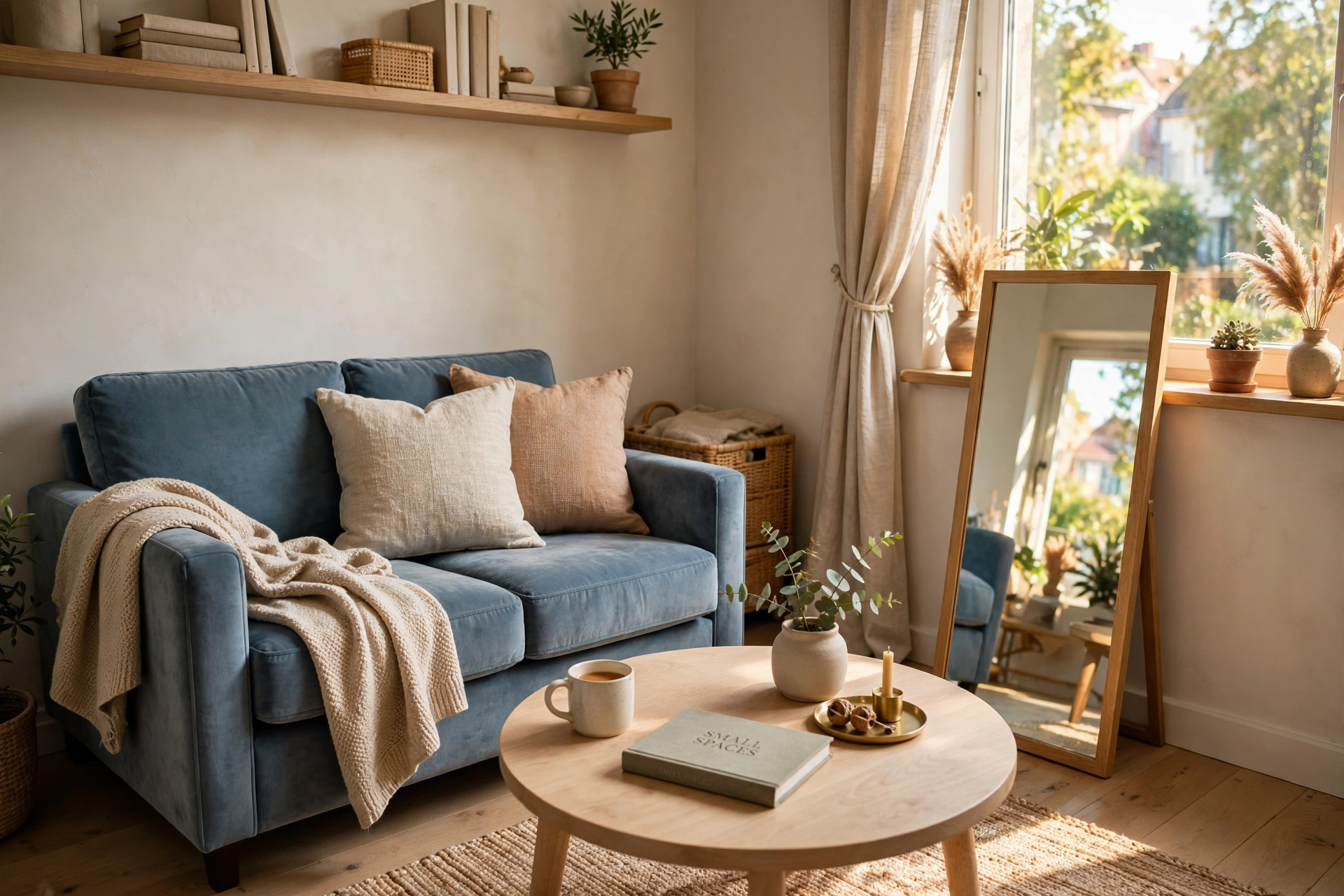 Small-space velvet sofa decor ideas with a dusty blue velvet loveseat in a cozy apartment