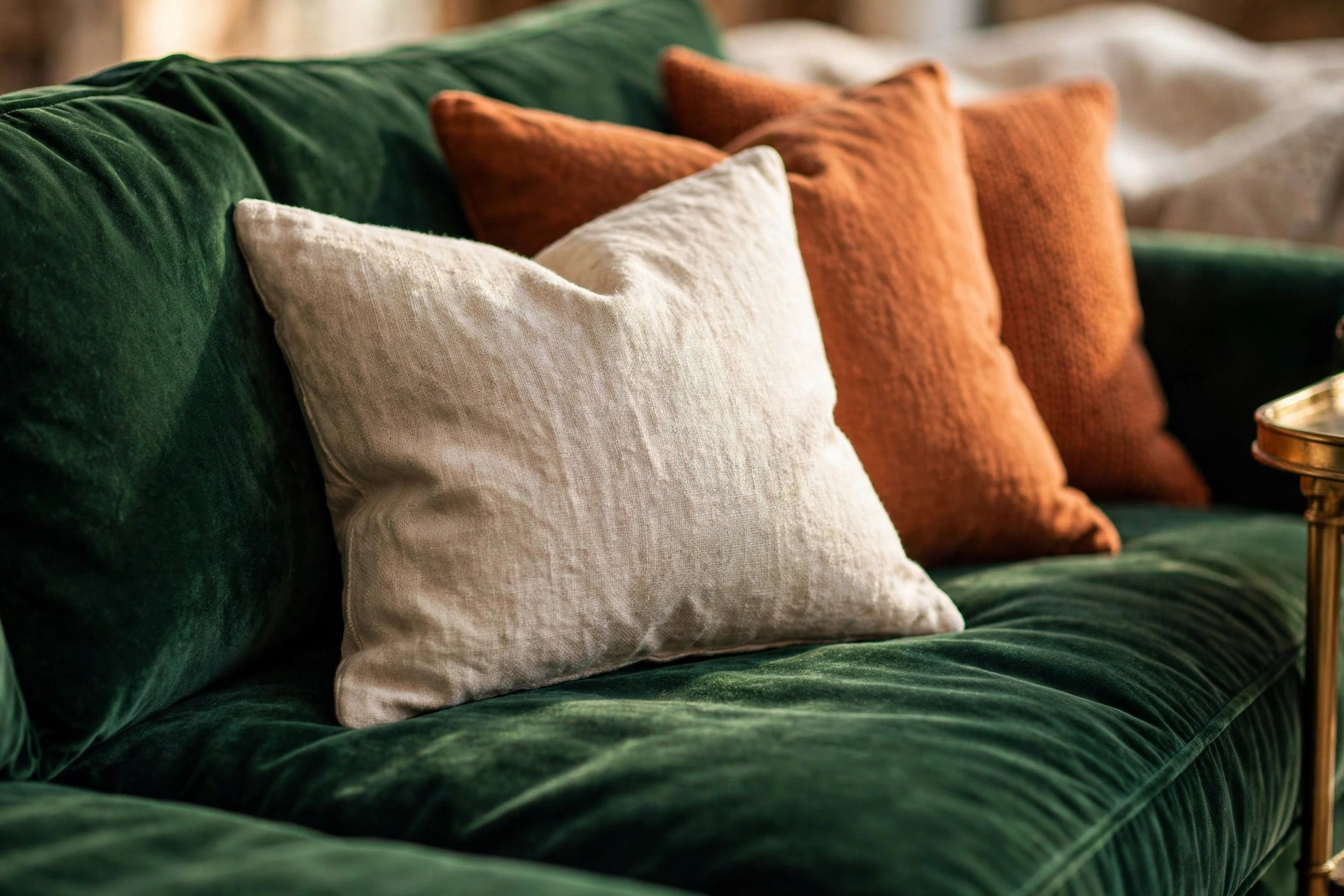 Close-up of velvet sofa texture with layered pillows and a brass side table detail, a luxe velvet sofa decor idea