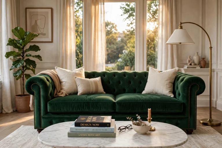 Emerald velvet sofa decor ideas for a luxe living room with brass lamp and marble coffee table