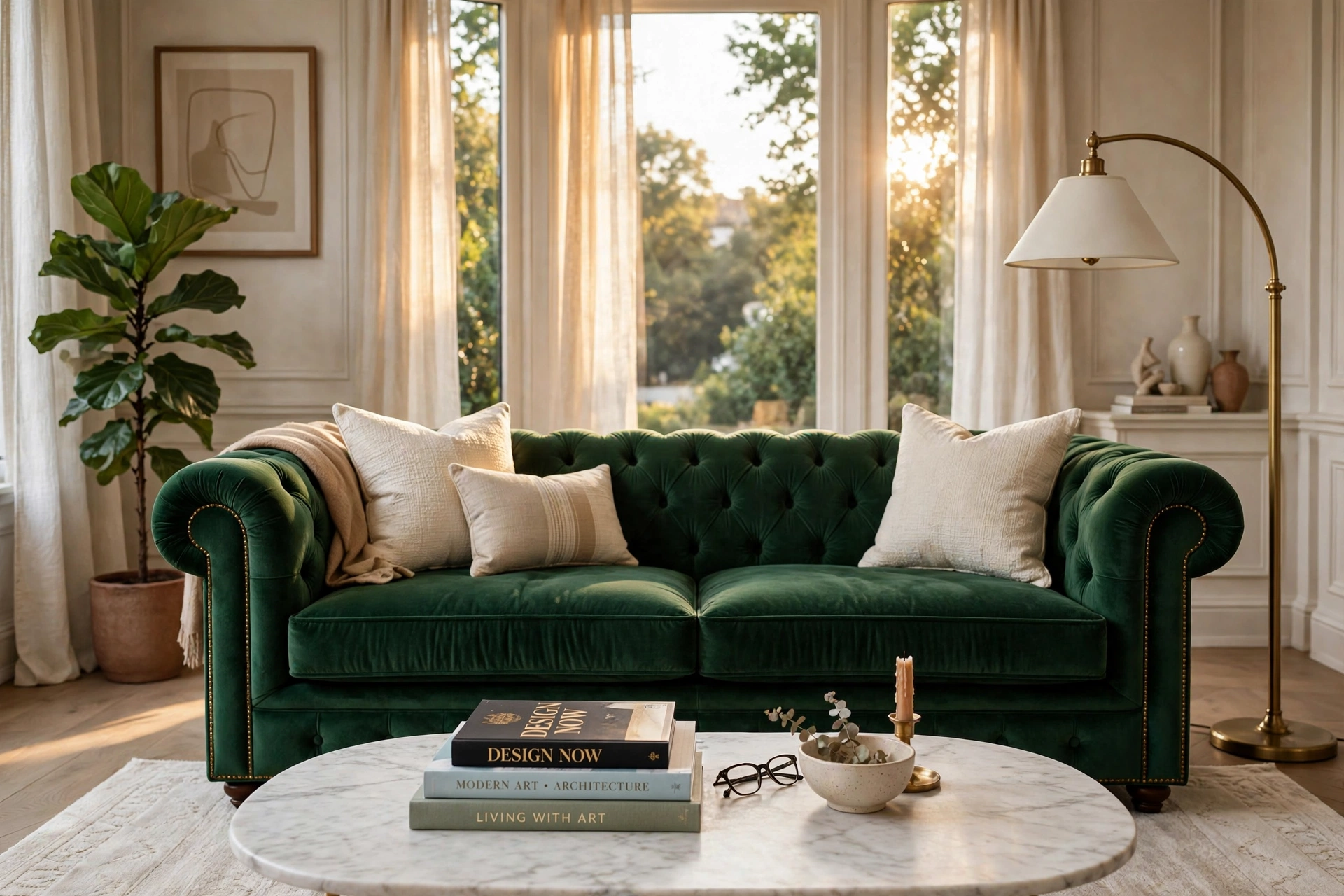 Emerald velvet sofa decor ideas for a luxe living room with brass lamp and marble coffee table