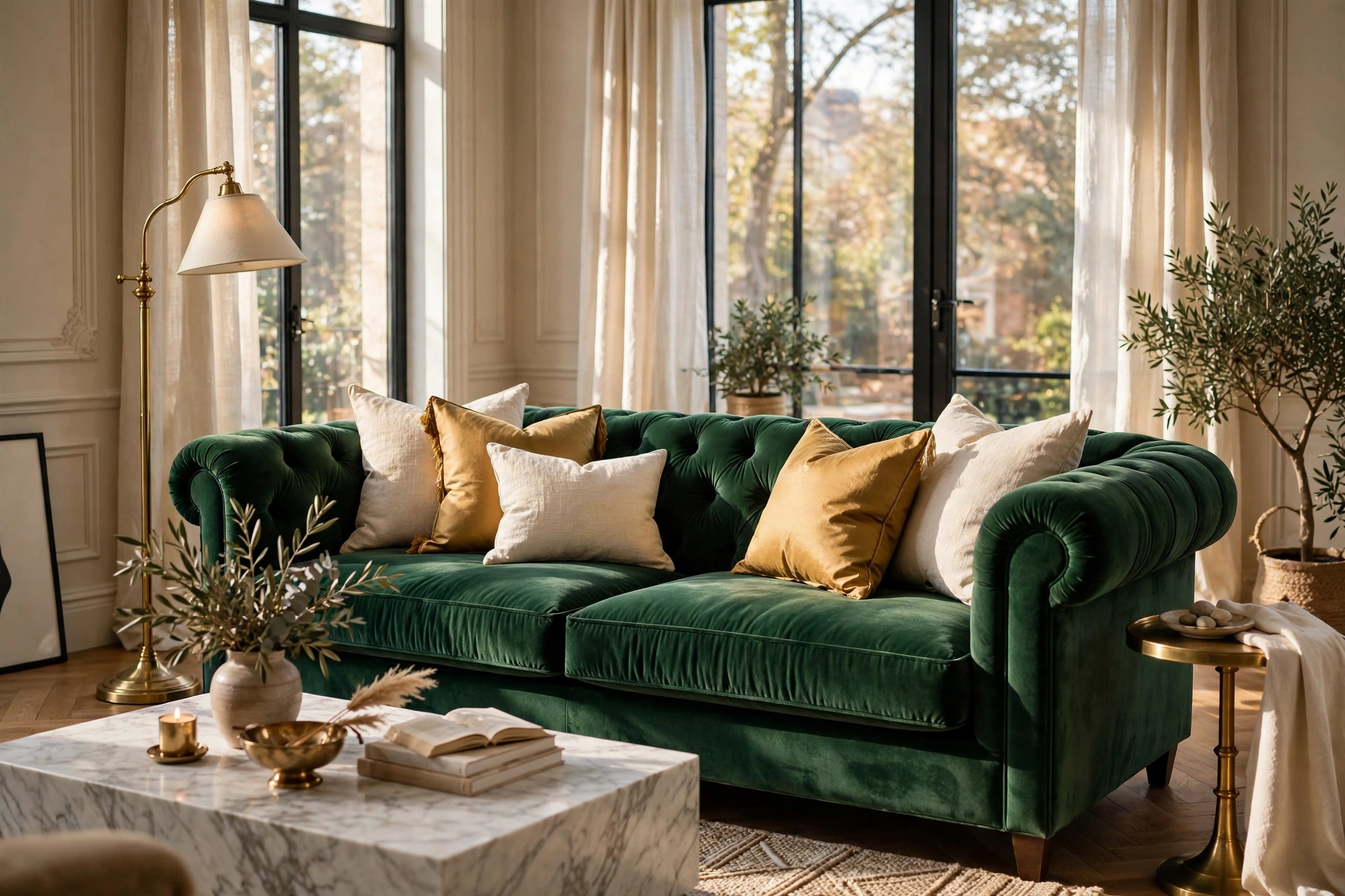 Emerald velvet sofa decor ideas: luxe living room with layered pillows and brass accents in soft daylight